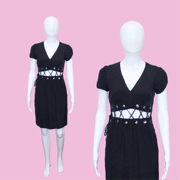 Y2k Vintage BETSEY JOHNSON NY New York Silk Black Short Sleeve Wiggle Dress w/ L - Picture 1 of 10